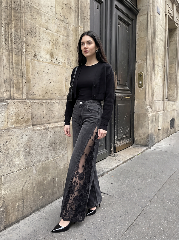 Raven Lace Jeans in black styled with a cardigan and heels on the street