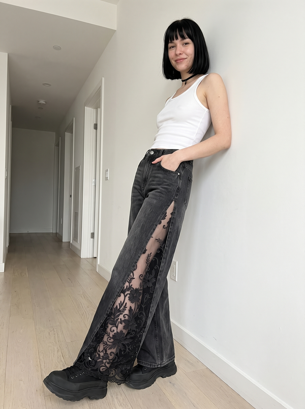 Raven Lace Jeans in black styled with a white tank and sneakers