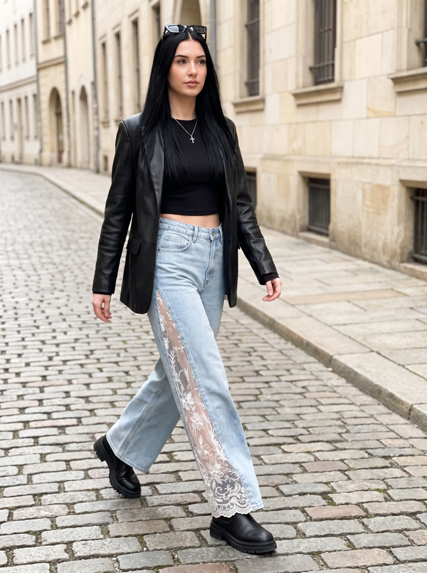 Raven Lace Jeans in light blue styled with a leather jacket and boots