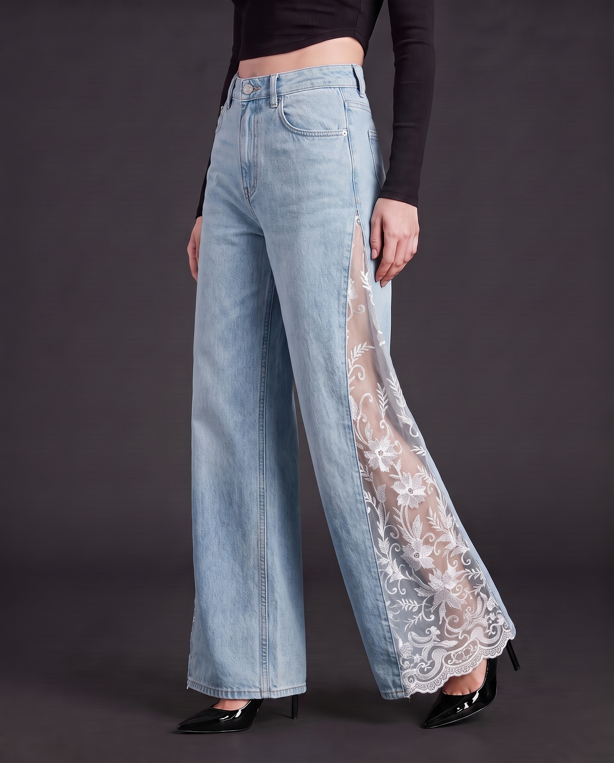 Raven Lace Jeans in light blue with white lace, front view