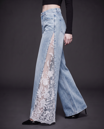 Raven Lace Jeans in light blue, side view of white floral lace panel