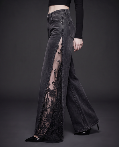 Raven Lace Jeans in washed black, side view showing lace from hip to hem