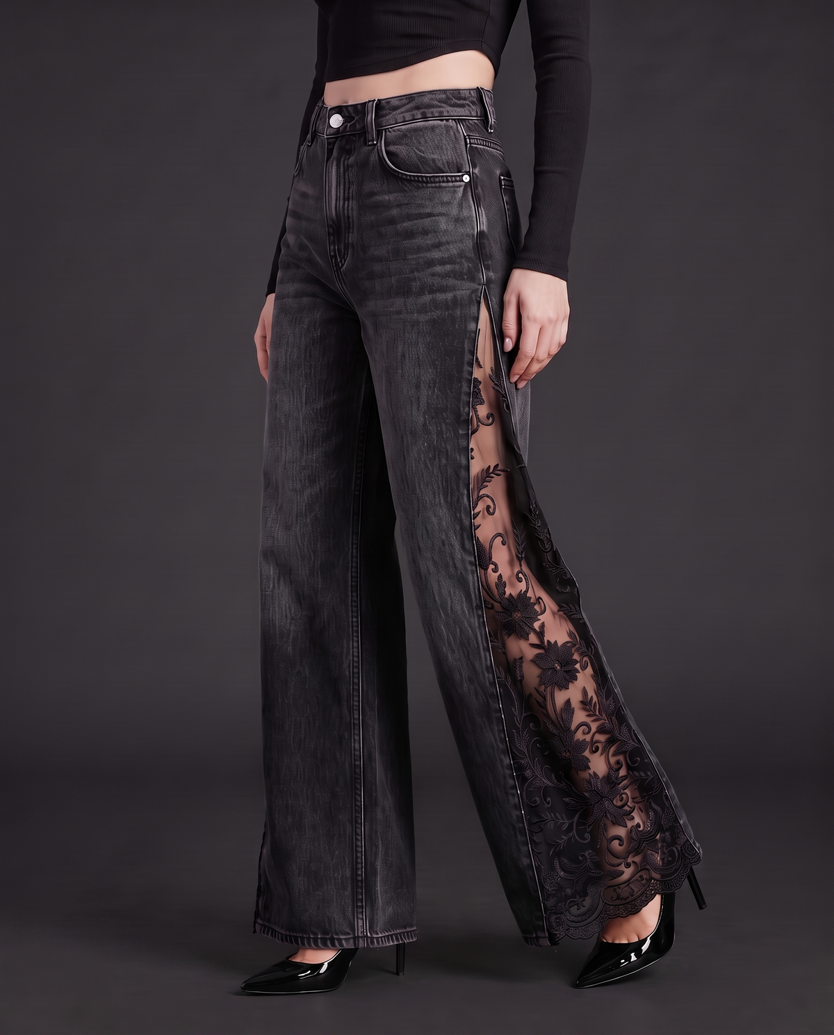 Raven Lace Jeans in washed black, front view with sheer lace side panel