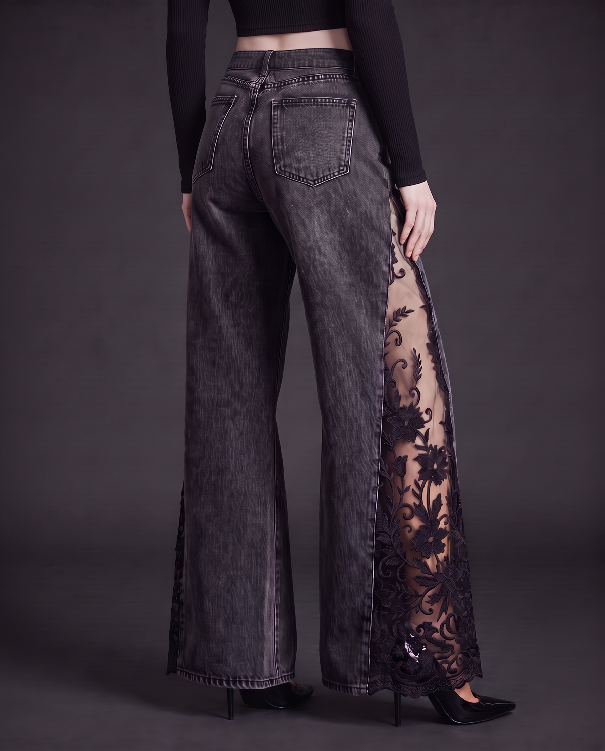 Raven Lace Jeans in washed black, back view