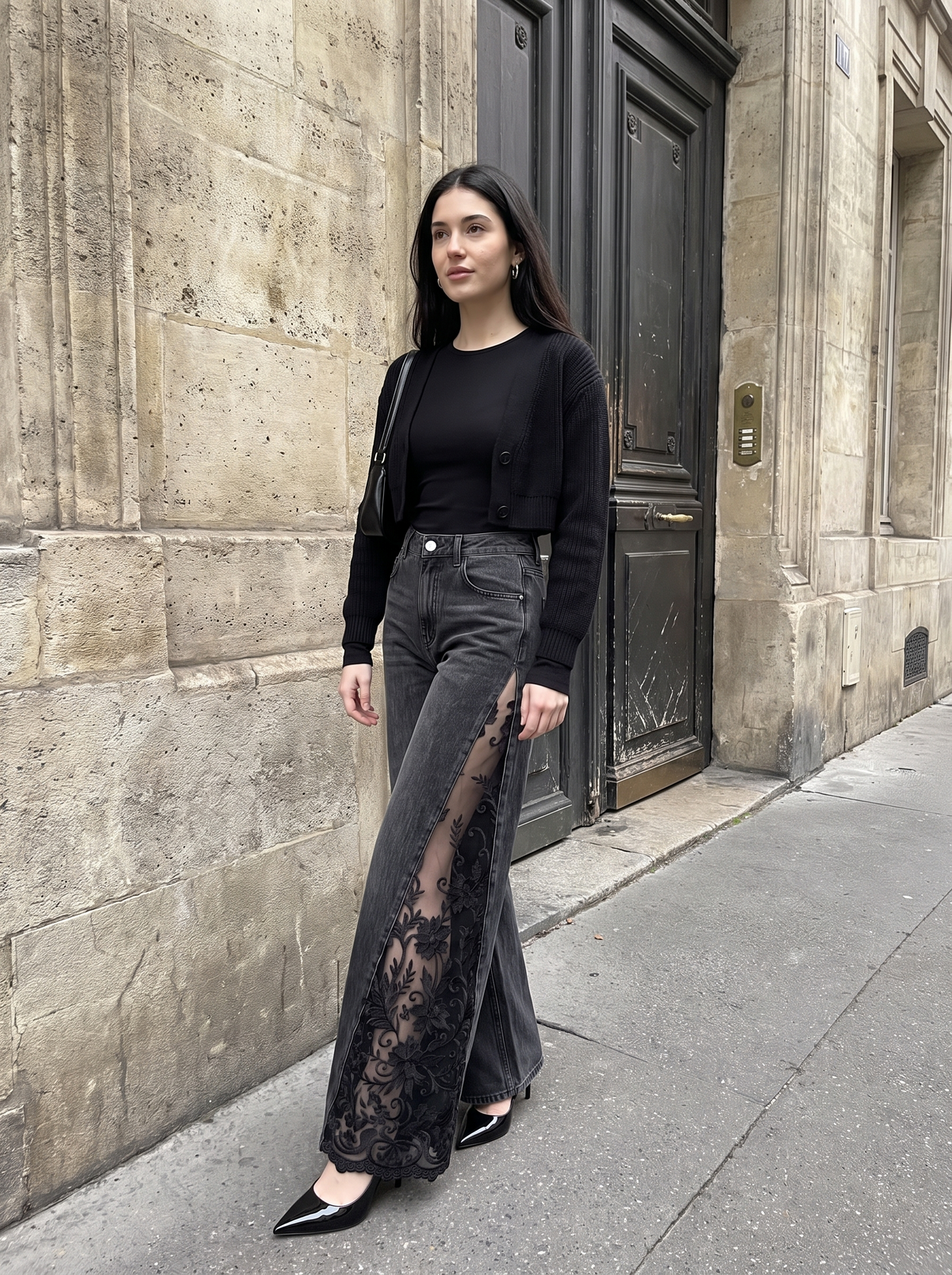 Raven Lace Jeans in black styled with a cardigan and heels on the street