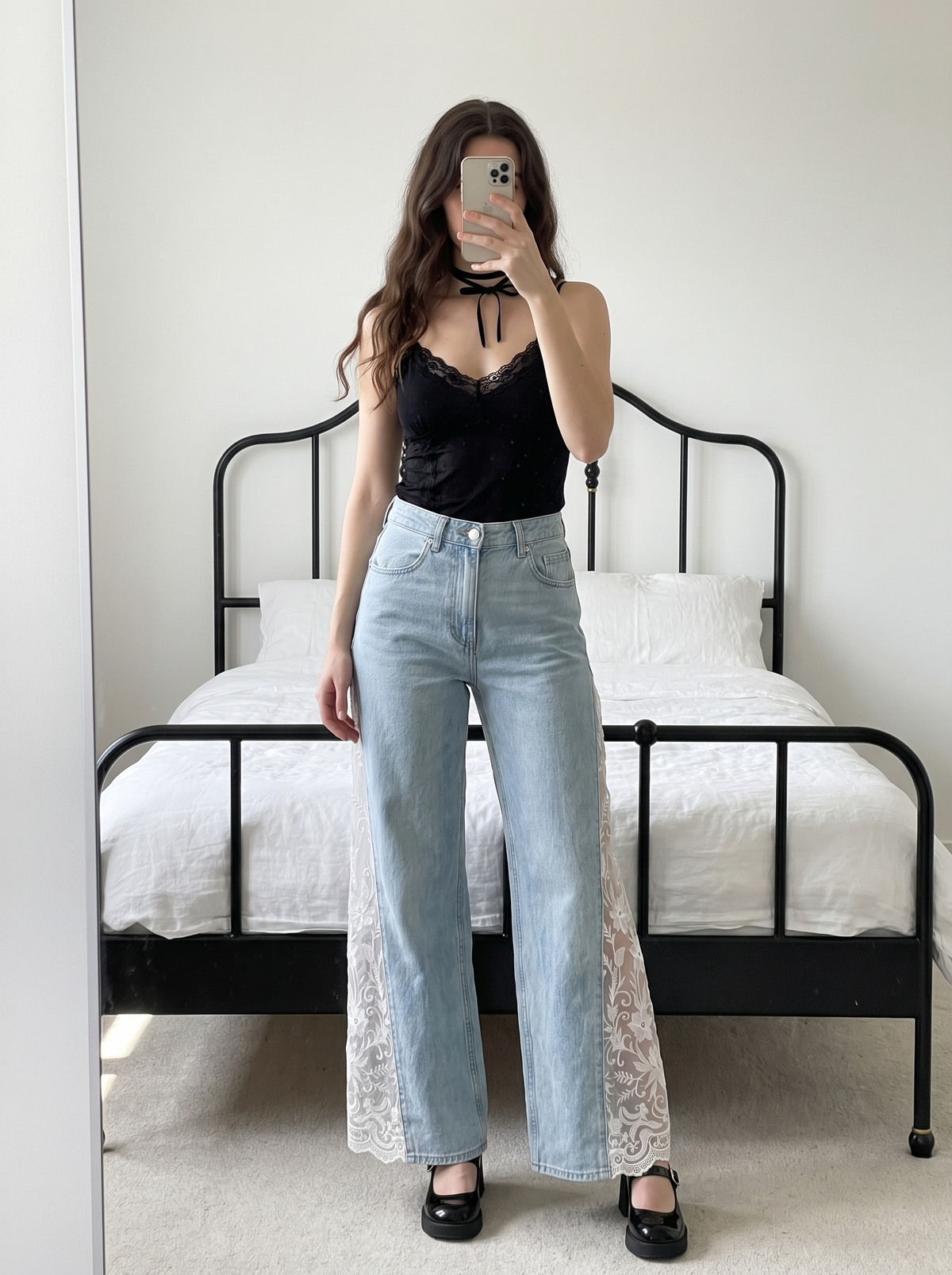 Raven Lace Jeans in light blue styled with a lace cami, mirror selfie